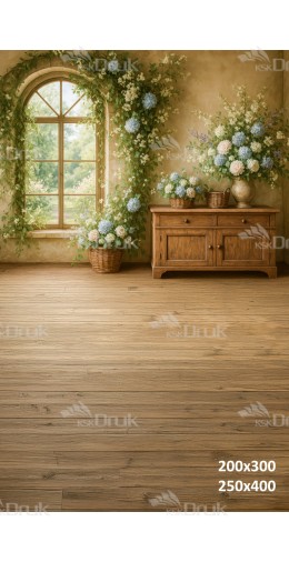 Tło fotograficzne z rustykalnym oknem i hortensjami | E593